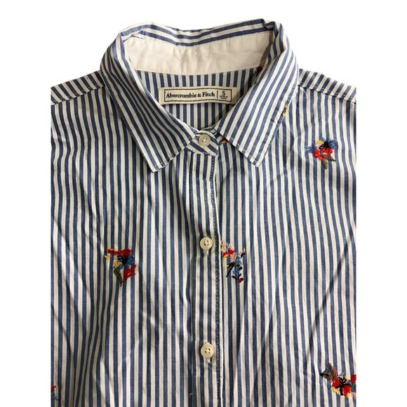 Abercrombie & Fitch Striped Button Front Shirt Sz S Embroidered Flowers Blouse - Picture 3 of 8